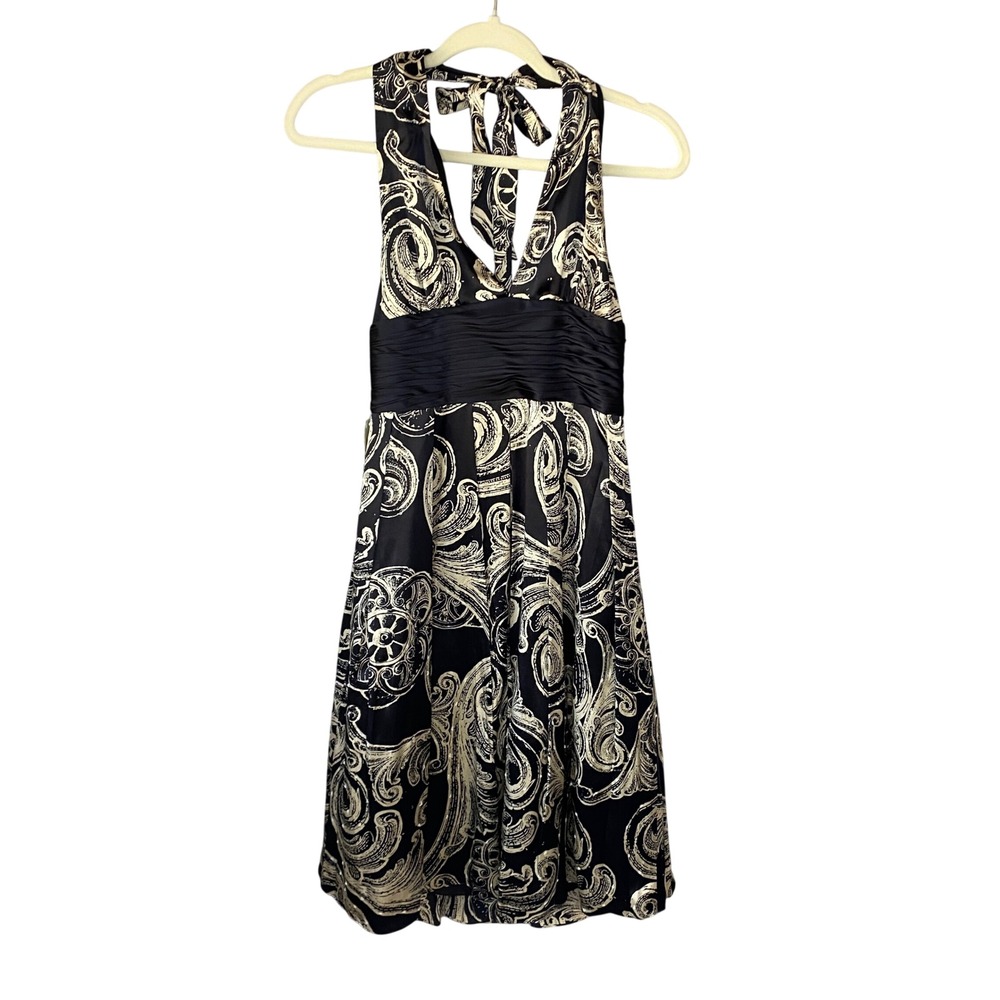 Adrianna Papell Occasions Black Silk Paisley Halter Dress Sequin Ruched Waist 6